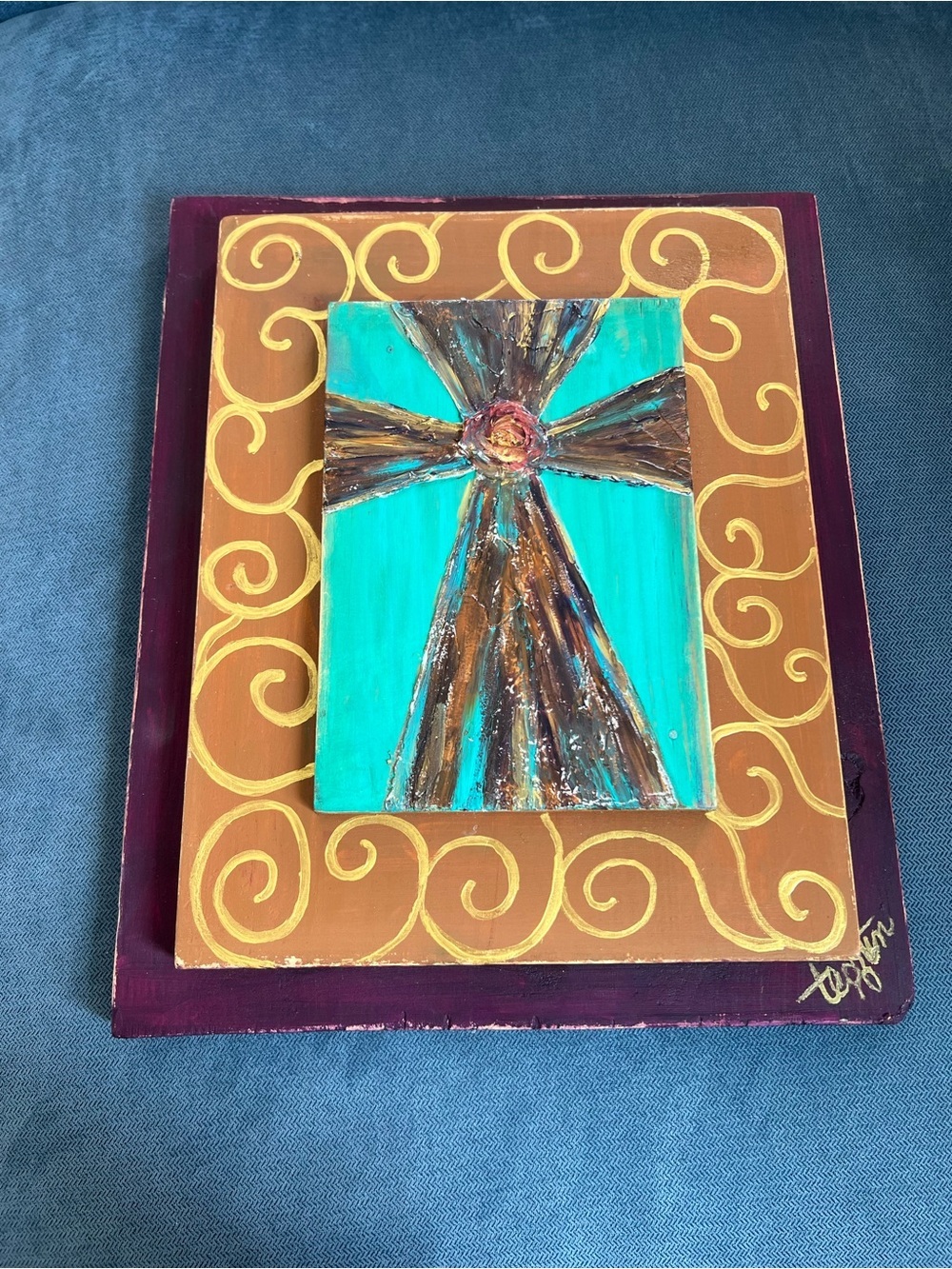 Handmade Turquoise and Brown Cross Wall Art